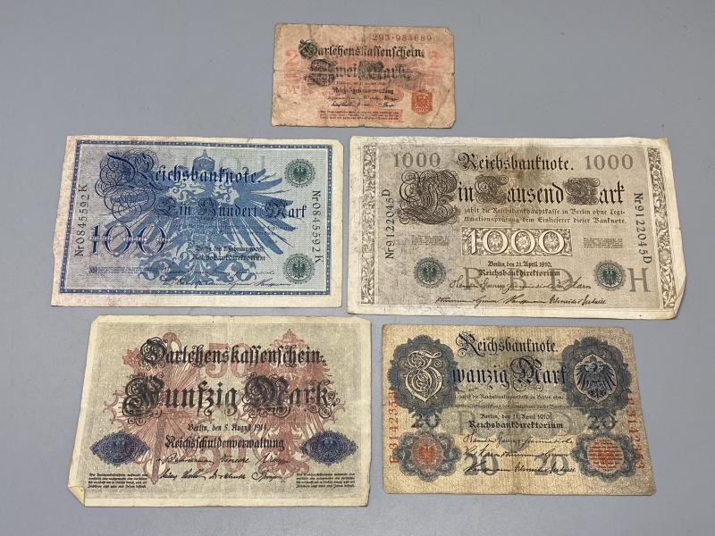 Imperial German Banknotes Lot (1908–1914) – WWI Era Reichsbank & Darlehnskassenscheine (5 Notes)