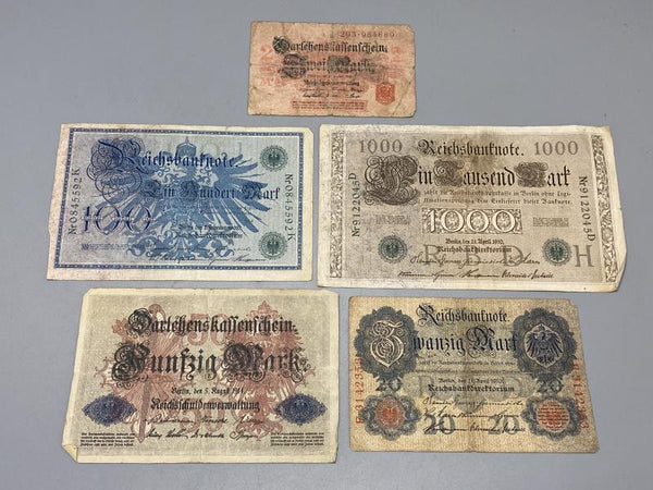 Imperial German Banknotes Lot (1908–1914) – WWI Era Reichsbank & Darlehnskassenscheine (5 Notes)
