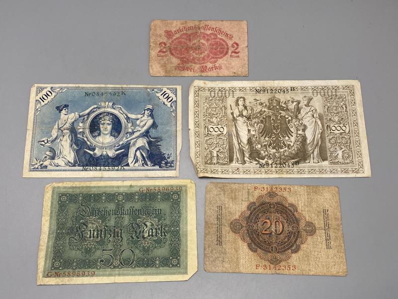 Imperial German Banknotes Lot (1908–1914) – WWI Era Reichsbank & Darlehnskassenscheine (5 Notes)