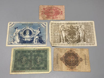 Imperial German Banknotes Lot (1908–1914) – WWI Era Reichsbank & Darlehnskassenscheine (5 Notes)