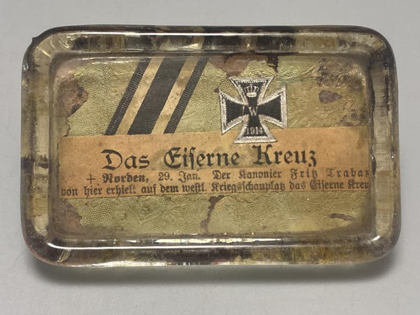 WWI German Memorial Glass Paperweight – Fallen Artilleryman Fritz Trabani (Iron Cross 1914)