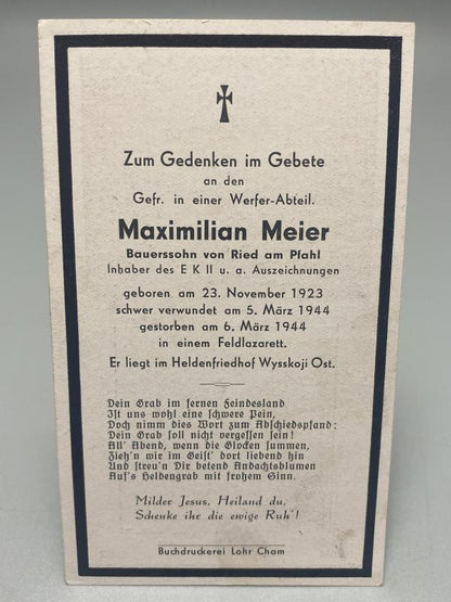 WWII German Death Card (Sterbebild) – Gefreiter Maximilian Meier, Eastern Front