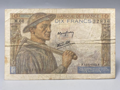 1944 France 10 Francs Banknote – Banque de France “Paysans” Type, WWII
