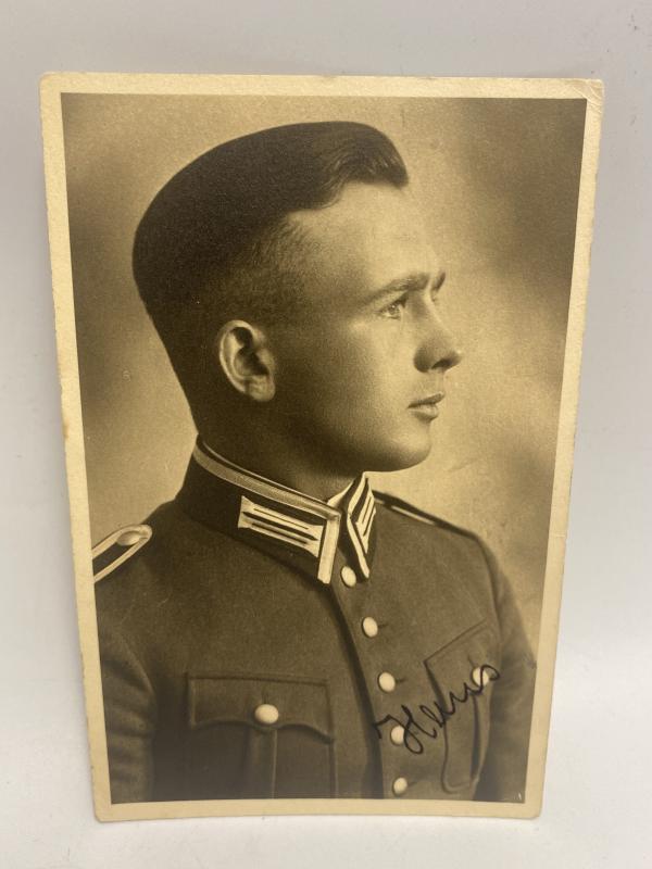 WWII German Army Soldier Studio Portrait – Signed Postcard-Size Photograph, Named Reverse