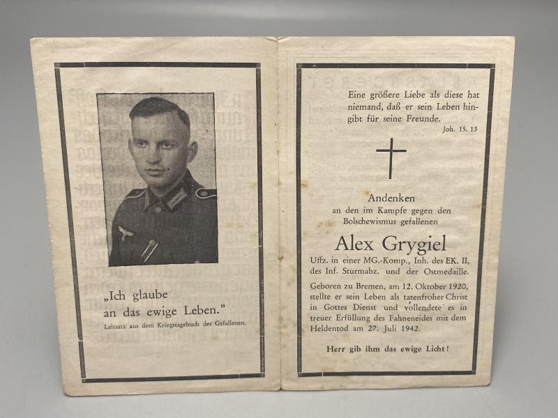WWII German Death Card (Sterbebild) – Unteroffizier Alex Grygiel, Eastern Front