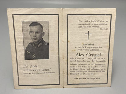 WWII German Death Card (Sterbebild) – Unteroffizier Alex Grygiel, Eastern Front