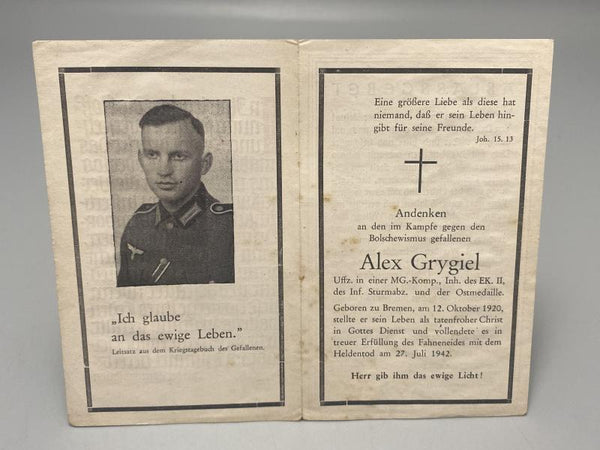 WWII German Death Card (Sterbebild) – Unteroffizier Alex Grygiel, Eastern Front