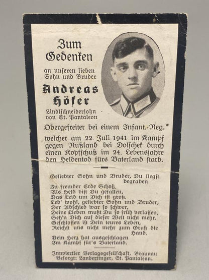 WWII German Death Card (Sterbebild) – Obergefreiter Andreas Höfer, Eastern Front