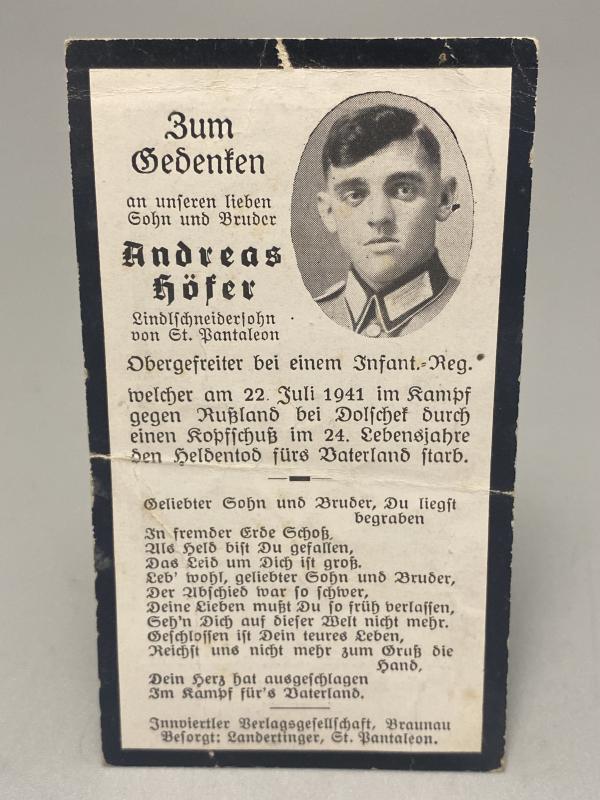 WWII German Death Card (Sterbebild) – Obergefreiter Andreas Höfer, Eastern Front