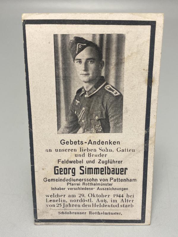 WWII German Death Card (Sterbebild) – Feldwebel Georg Simmelbauer, Eastern Front