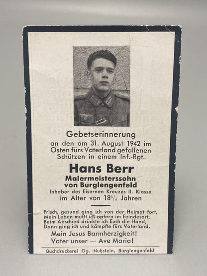 WWII German Death Card (Sterbebild) – Schütze Hans Berr, Eastern Front