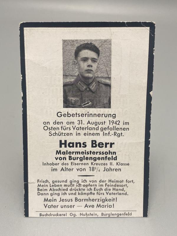WWII German Death Card (Sterbebild) – Schütze Hans Berr, Eastern Front