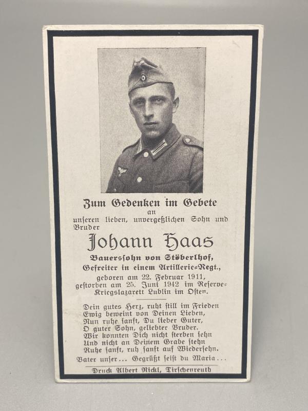 WWII German Death Card (Sterbebild) – Gefreiter Johann Haas, Eastern Front