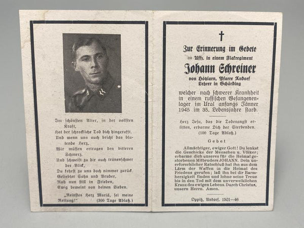 WWII German Death Card (Sterbebild) – Johann Schreiner, Died in Soviet Captivity