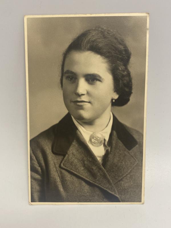 WWII Pre-War German Reichsarbeitsdienst (RAD) Female Member Studio Portrait – Dated March 1939, Postcard Photograph