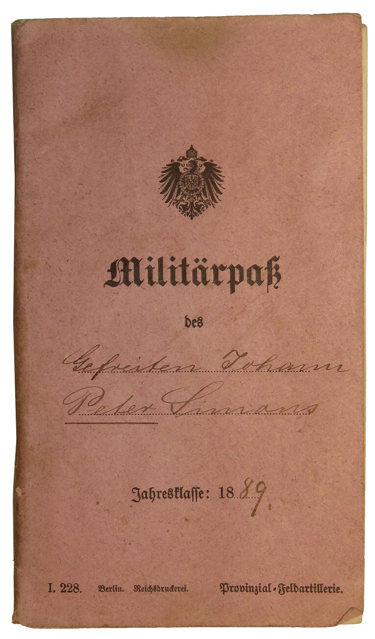 WWI German Militärapass – Gefreiter Simans (2. Rhein Fld Art Rgt 23 / Hess. Feld Art Rgt 11)