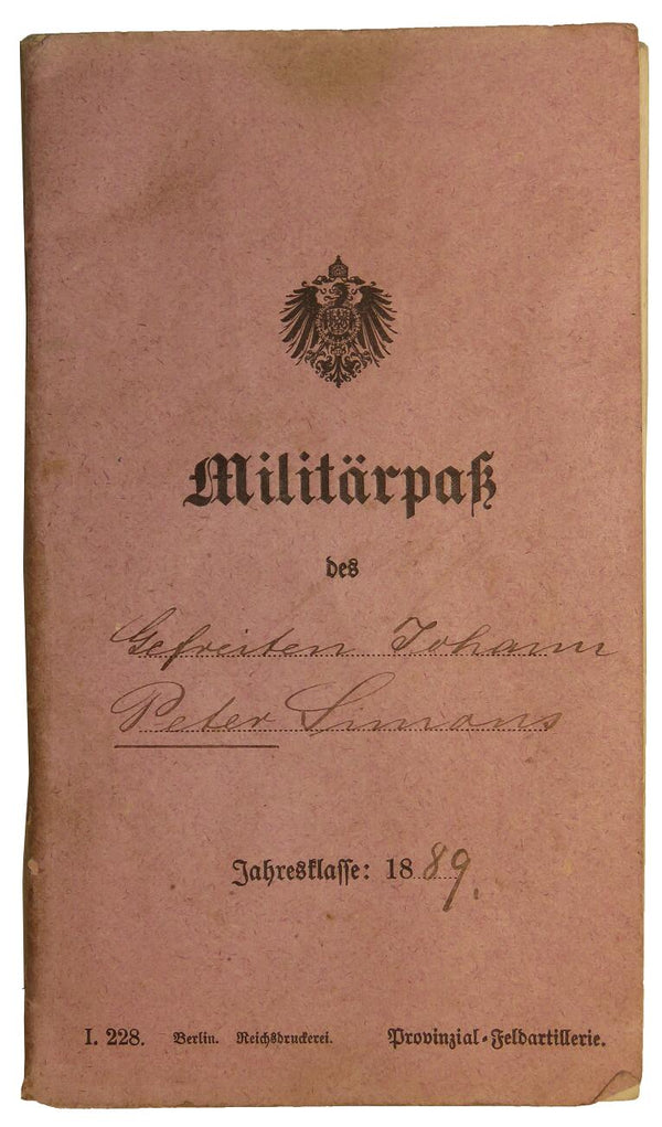 WWI German Militärapass – Gefreiter Simans (2. Rhein Fld Art Rgt 23 / Hess. Feld Art Rgt 11)