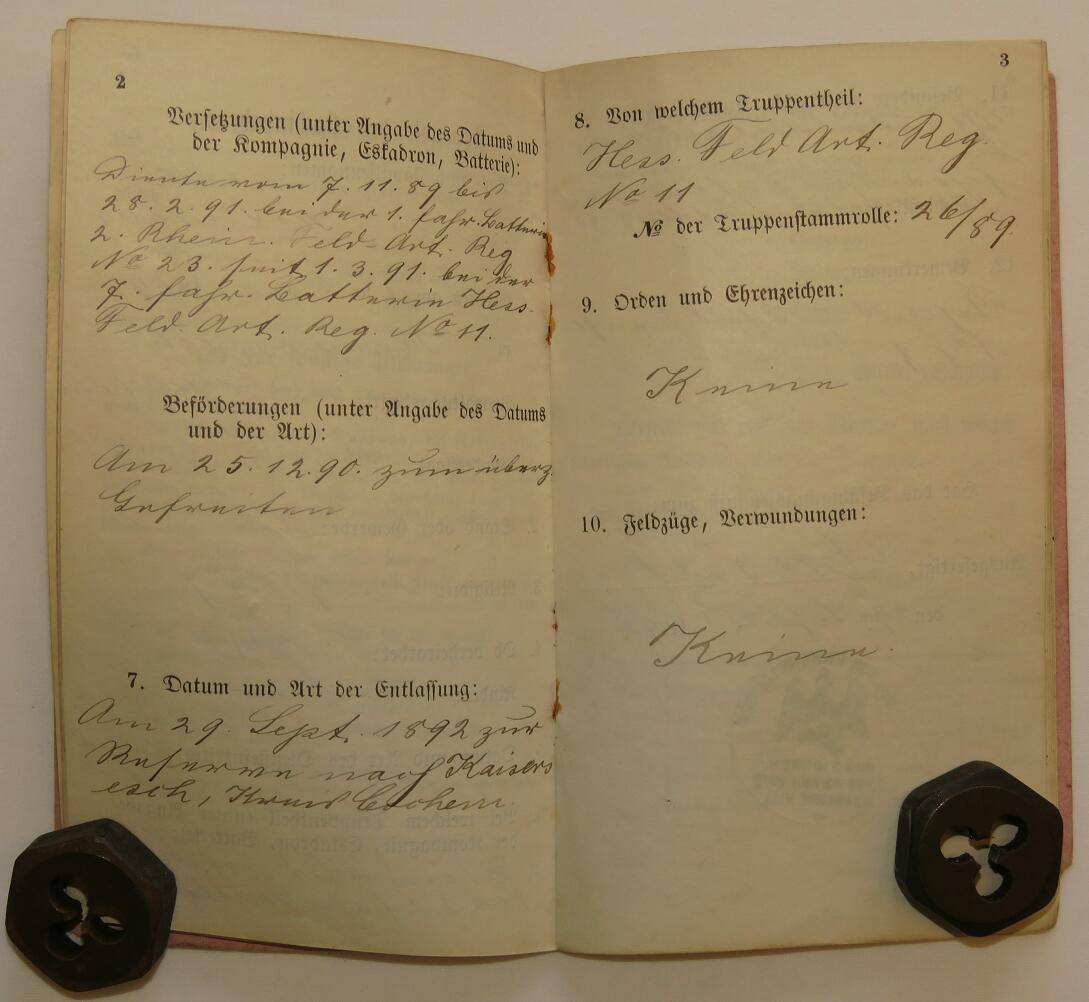 WWI German Militärapass – Gefreiter Simans (2. Rhein Fld Art Rgt 23 / Hess. Feld Art Rgt 11)