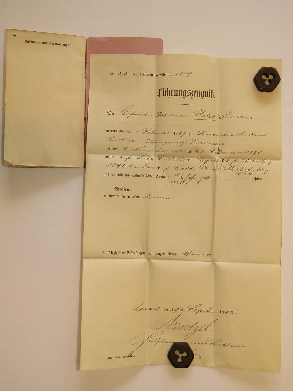 WWI German Militärapass – Gefreiter Simans (2. Rhein Fld Art Rgt 23 / Hess. Feld Art Rgt 11)