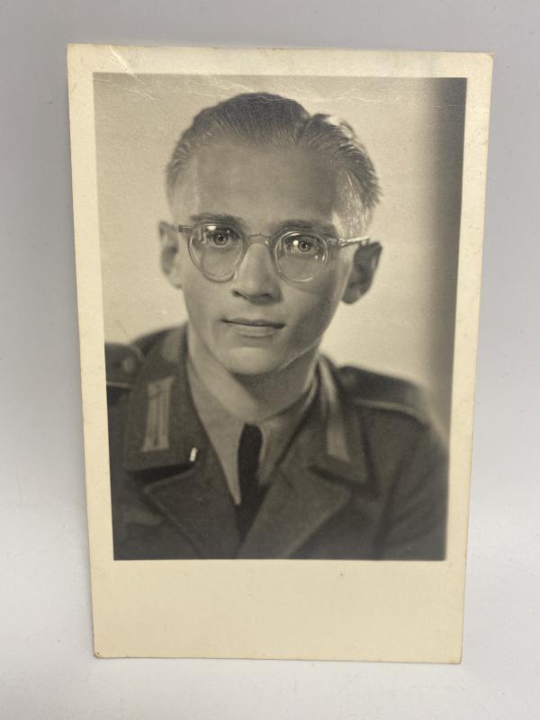 WWII German Soldier Studio Portrait – Named & Memorial Inscribed, Heinz Engler KIA 10 August 1944, Postcard Photograph