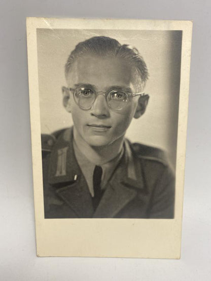 WWII German Soldier Studio Portrait – Named & Memorial Inscribed, Heinz Engler KIA 10 August 1944, Postcard Photograph