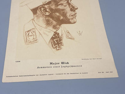 WWII German VDA Illustrated Leaflet by Wolfgang Willrich – Major Helmut Wick, Luftwaffe Ace (1941)