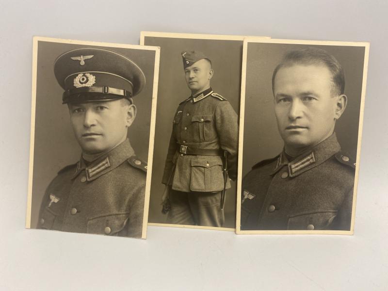 WWII Named German Army Soldier Photo Group (Hugo Schmitt) – Trio of Studio Portraits Showing Rank Progression (c. 1940–1941)
