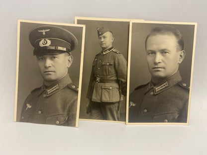 WWII Named German Army Soldier Photo Group (Hugo Schmitt) – Trio of Studio Portraits Showing Rank Progression (c. 1940–1941)