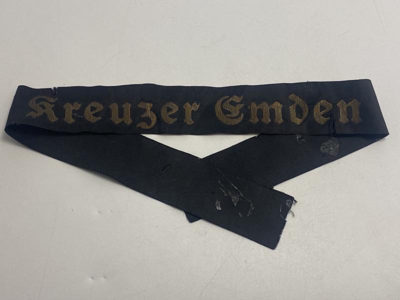WWII German Kriegsmarine Cap Tally – “Kreuzer Emden” Gold Gothic Script