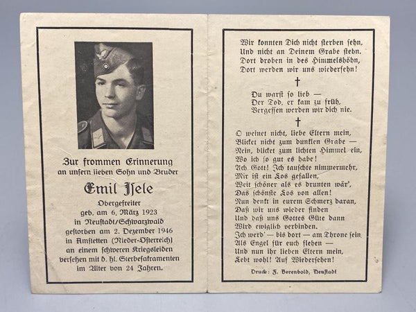 Postwar German Death Card (Sterbebild) – Obergefreiter Emil Isele, Luftwaffe