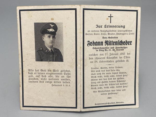 WWII German Death Card (Sterbebild) – Sanitäts-Gefreiter Johann Rittenschober, Eastern Front