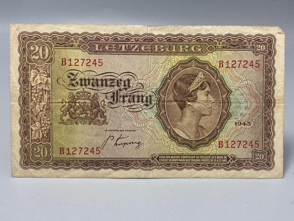 1943 Luxembourg 20 Francs Banknote – German Occupation Overprint, WWII