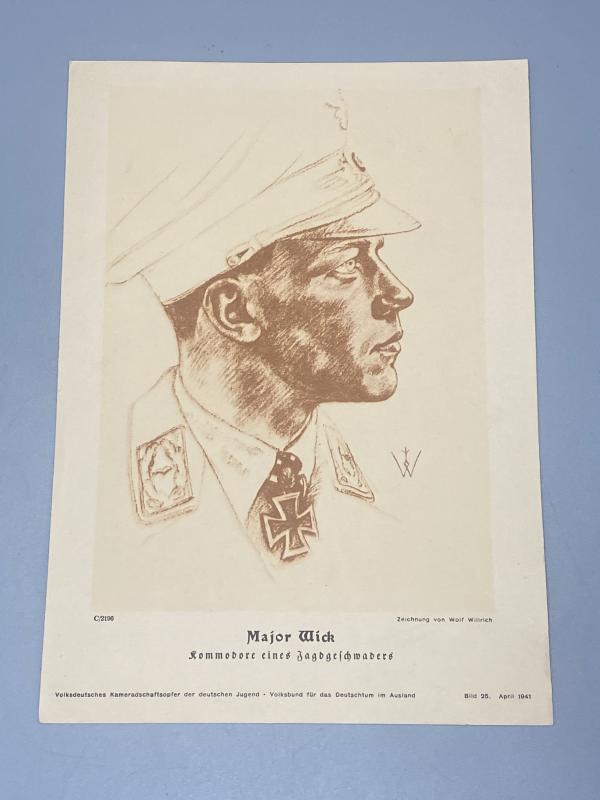 WWII German VDA Illustrated Leaflet by Wolfgang Willrich – Major Helmut Wick, Luftwaffe Ace (1941)