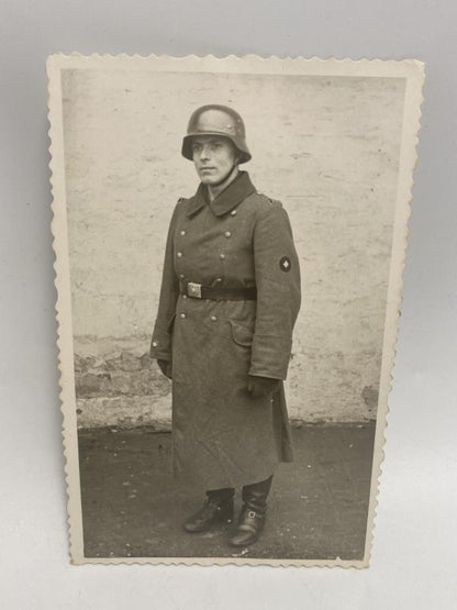 Pre-War German Army Soldier in M36 Greatcoat & M35 Helmet – Postcard-Size Photograph (c. 1938–39)