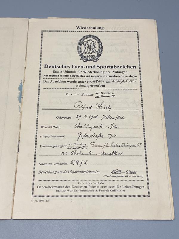 Named Pre-War DRA Sports Badge Document Grouping – Bronze & Silver Awards, Alfred Huch