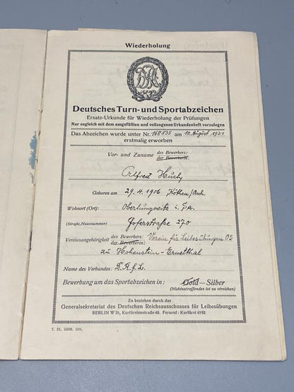 Named Pre-War DRA Sports Badge Document Grouping – Bronze & Silver Awards, Alfred Huch