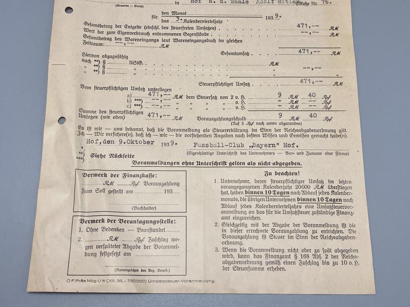1939 Bayern Munich Tax Document – German Finanzamt WWII Civil Record