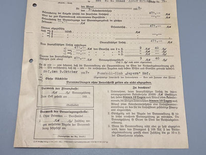 1939 Bayern Munich Tax Document – German Finanzamt WWII Civil Record