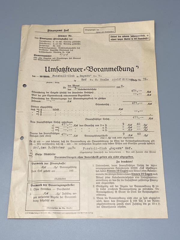 1939 Bayern Munich Tax Document – German Finanzamt WWII Civil Record