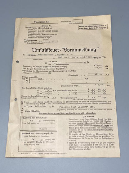 1939 Bayern Munich Tax Document – German Finanzamt WWII Civil Record