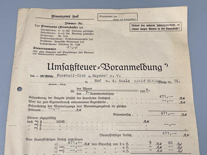 1939 Bayern Munich Tax Document – German Finanzamt WWII Civil Record