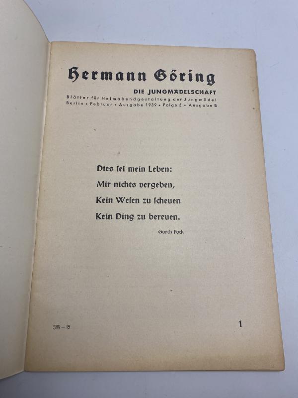 1939 Jungmädelschaft Booklet “Hermann Göring” – Ausgabe B, Original Pre-War Youth Publication