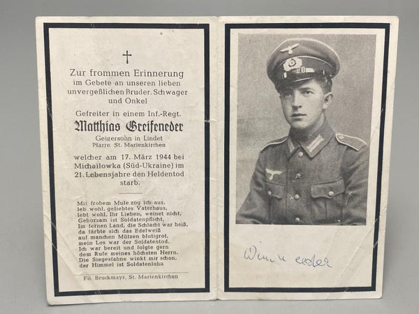 WWII German Death Card (Sterbebild) – Gefreiter Matthias Greifened­er, Eastern Front