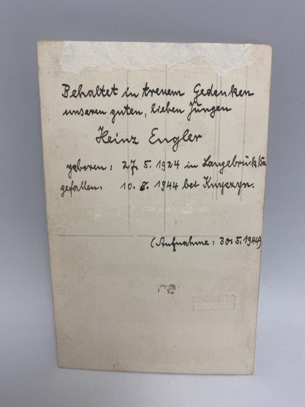 WWII German Soldier Studio Portrait – Named & Memorial Inscribed, Heinz Engler KIA 10 August 1944, Postcard Photograph