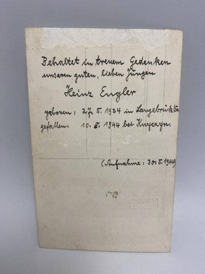 WWII German Soldier Studio Portrait – Named & Memorial Inscribed, Heinz Engler KIA 10 August 1944, Postcard Photograph