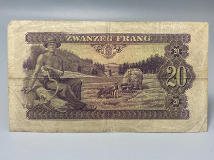 1943 Luxembourg 20 Francs Banknote – German Occupation Overprint, WWII